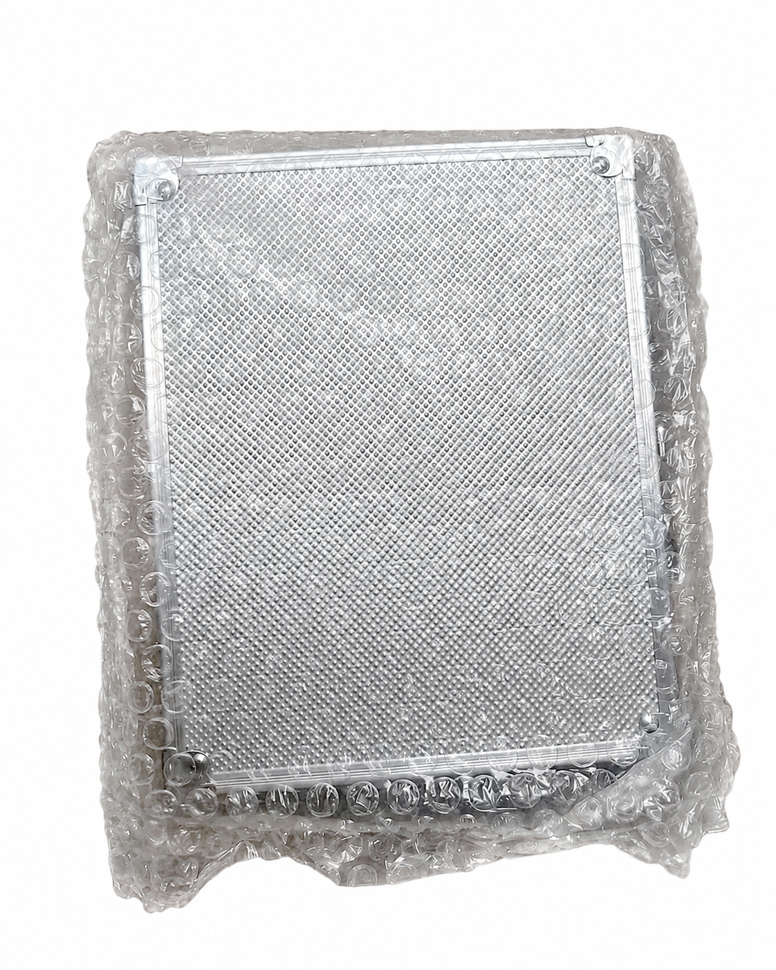 Premium aluminum carry case top view, protective packaging