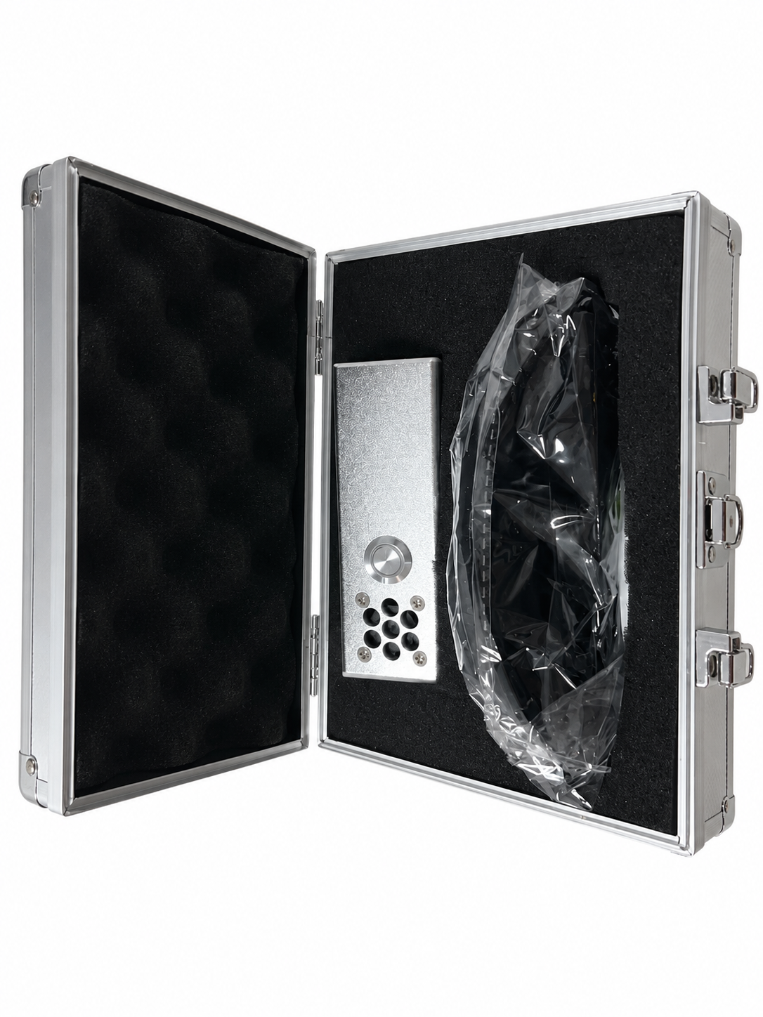 Aluminum hard case open showing 80W laser unit and included safety goggles